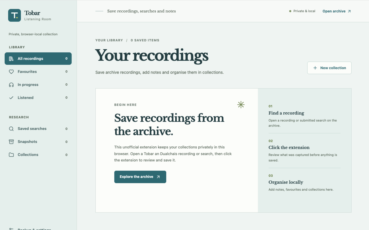 Screenshot of Tobar Listening Room interface showing collections, recordings, metadata, and notes